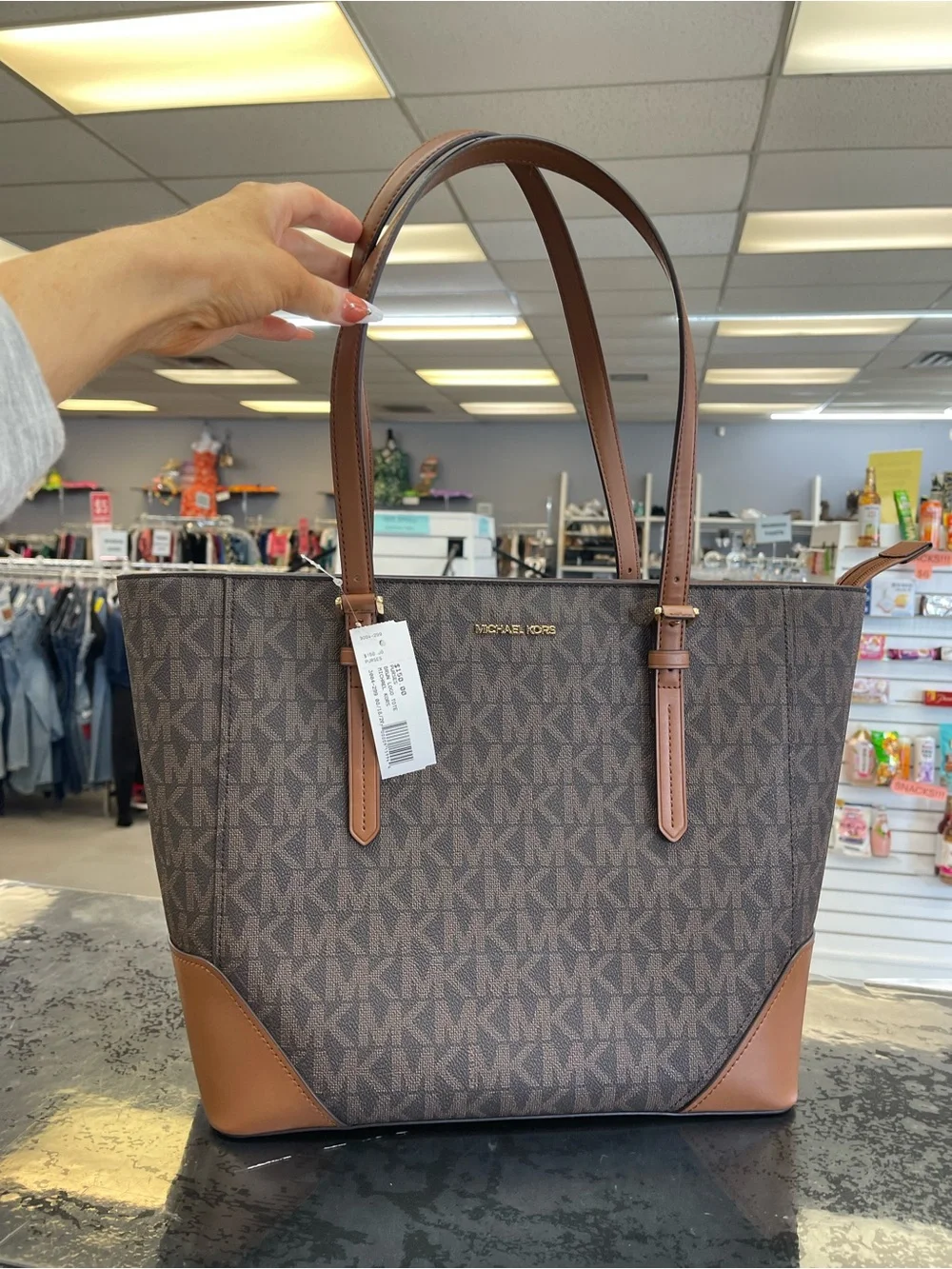 Michael Kors Brown Logo-Print Tote with Tan Leather Accents